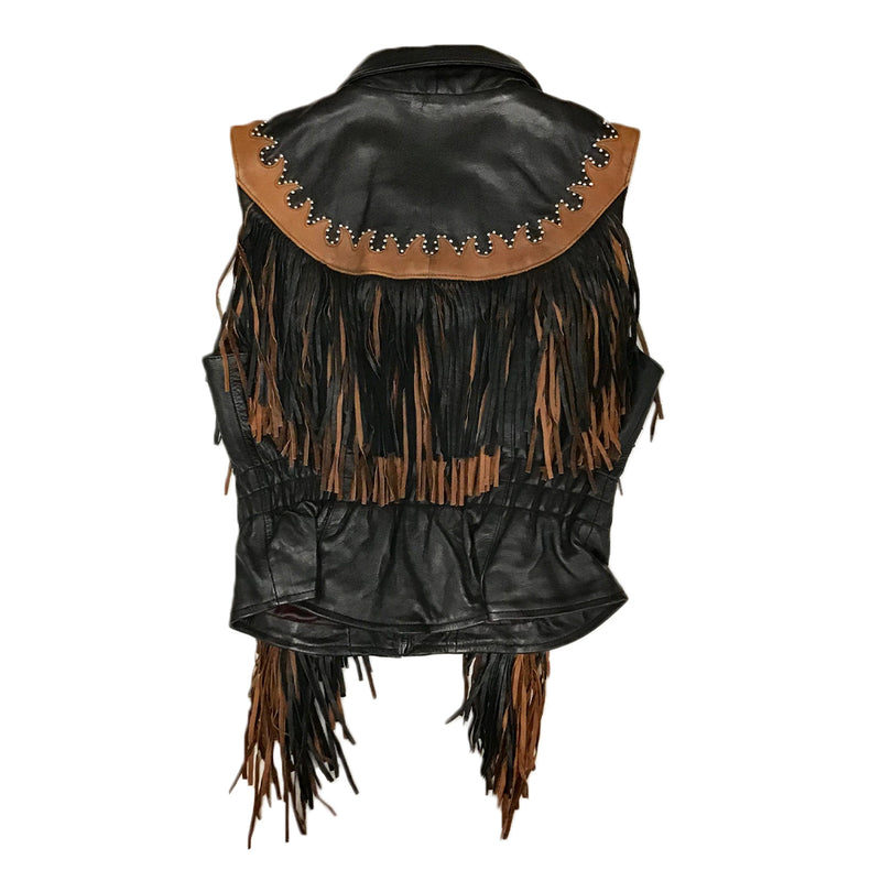 Women’s Leather Black Vest with Brown Fringe and Studs