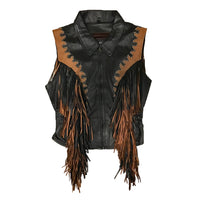 Women’s Leather Black Vest with Brown Fringe and Studs