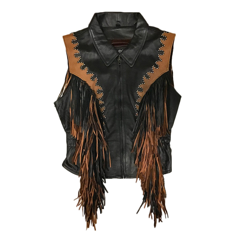 Women’s Leather Vest with Brown Fringe and Studs