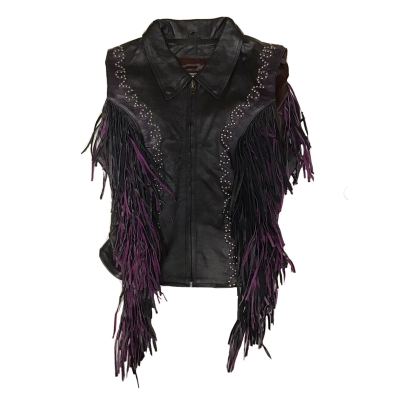 Western World Women’s Leather Vest with Purple Fringe and Studs